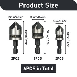 6 Pcs 1/4 Inch Hex Shank Countersink, 12mm/16mm/19mm Countersink Set, Drill Bit 5 Flute 90 Degree Chamfering Bits, High Carbon Steel Bits for Wood Plastic Soft Metal Fiberboard Plywood DIY Projects