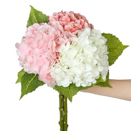 SITUMEIZI Hydrangea Pink Artificial Flower Fake Pink Flowers 21 Inch Latex Fake Hydrangeas 3Pc