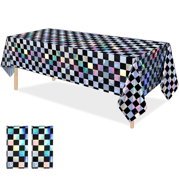 OQOQ Checkered Iridescent Tablecloth (2 Packs，Black Silver) - Rectangular Plastic