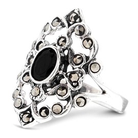 WINDALF Bohemia Luna Ring 21 mm Vintage Women's Ring with Black Crystal 925 Sterling Silver, Fabric, Black Crystal
