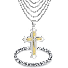 JUNOVUROS Large and Small Men's Cross Necklace Set with 5 Rolo Chains and 1 Cuban Bracelet, Jesus Christ Cross Religious Jewelry Gift, Silver/Gold/Black, Large, Stainless Steel, Cubic Zirconia