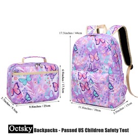 OctSky Backpack for Girls Kids Backpack Elementary Bookbags Teens Middle School Backpack with Lunch Box Water-repellent Lightweight Butterfly Purple