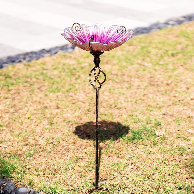 MUMTOP 31 Inch Height Glass Birdbath Birdfeeder with Metal Stake