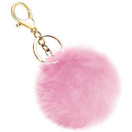 1Pc Pink Cute Pompom Keychains Fluffy Faux Fur Ball Keychain Artificial Faux Rabbit Fur Keychain Fluffy Plush Ball Bag Hanging Pendant Purse Charm Key Holder Women Automobile Keychains