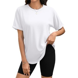 LANSHIRIAC Short Sleeve Shirts for Women Oversized T Shirts Crewneck Business Basic Casual Tee Loose Fit Summer Workout Tops Trendy Fashion Clothes White