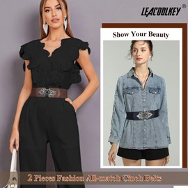 LEACOOLKEY 4 Pack Women's Wide Elastic Belt for Dresses Black Wide Stretchy Belt Vintage Cinch Belt with Sliver Buckle(Black+Coffee+Blue+Beige,Suitable for waist size 37"-41")