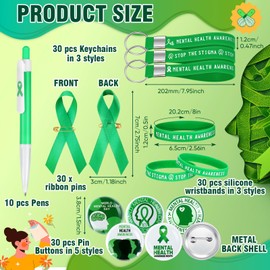 Watersay 326 Pcs Mental Health Awareness Items Include Ribbon Pins, Badge Brooches, Pens, Stickers, Rubber Wristbands, Rubber Key Chains for Awareness Gifts Supporting Minds (Green)