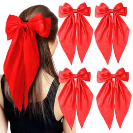 EIOAUY 4PCS Red Hair Bows for Women Girls Big Silky Satin Bow Hair Clips Hair Ribbons Oversize Long Tail Ponytail Holder Hair Barrettes Christmas Hair Accessories