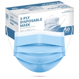 50pcs Blue Disposable Face Mask for Adults Women Men, 3-Ply Solid Blue Breathable Earloop Full Face Protection