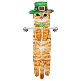 Funny St Patricks Day Cat Hand Towels for Bathroom Kitchen - Cute Green Shamrock Decorative Cat Decor Hanging Towels Super Absorbent Soft - Housewarming Birthday Gift for Women Cat Lovers - Orange
