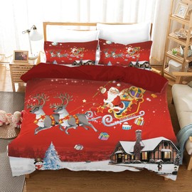 AVJWWD Christmas Bedding Set, Santa Claus and Elk, Snowman, Reindeer Pattern Duvet Cover Set with Pillowcases, Christmas Decoration, Gift Set (Red Sleigh, 135 x 200 cm)