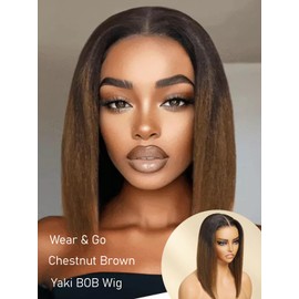 Julia Hair 10 Inch Light Yaki Bob Wigs Human Hair Glueless Bye Bye Knots 7x5 HD Pre Cut Lace Wig Chestnut Brown Ombre Human Hair Lace Closure Pre Plucked Bleached Invisible Knots Natural Hairline