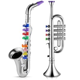Lewtemi Set of 2 Musical Instruments Include Toy Trumpet and Saxophone Set Plastic Trumpet Educational Christmas Toy Home School Music Gift, Color Keys(Silver)