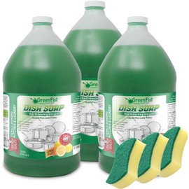 GreenFist Green Dish Soap [ Lemon Scent ] Manual Pot & Pan Professional Detergent Liquid Refill Pot & Pan Dish-Wash - Light or Heavy Use, 128 ounce (1 Gallon) (3 Gallon W/ 3 Sponges)