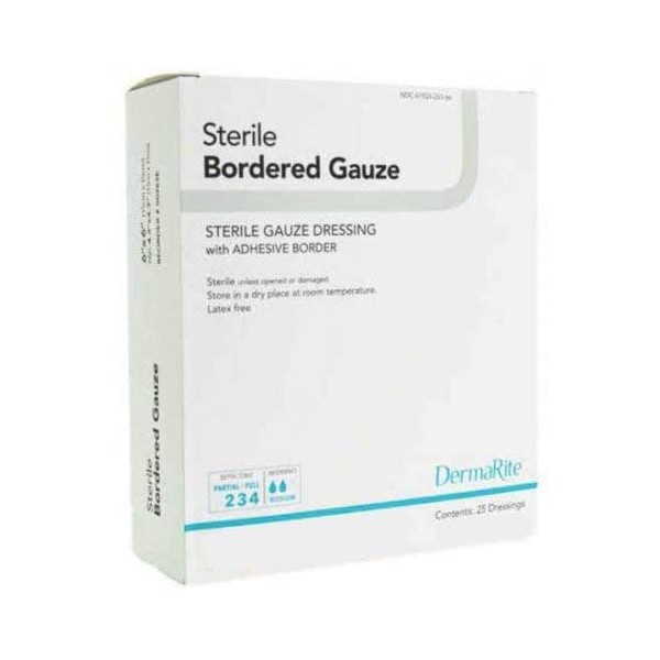 Sterile Bordered Gauze Dressing with Adhesive Border - 25 Count - 4"x8"- Individually Packaged - for Stage 2, 3 and 4 Wound Care - Latex Free
