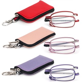 REAVEE 3 Pack Folding Reading Glasses with Keychain Compact Bags for Women Men, Blue Light Blocking Spring Hinge Portable Pocket Readers, Red Pink and Purple 2.25