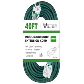 YOJOE 40 Foot Green Extension Cord, Lighted Outdoor 12/3 Cord, 12 Gauge 3 Prong SJTW Heavy Duty Extension Cable with 3 Prong Grounded Plug for Safety, UL Listed
