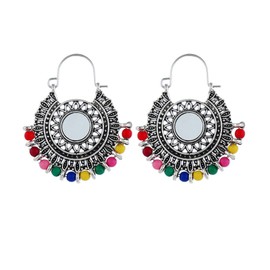 Mexican Jewelry Mexican Earrings Gold and Silver Earrings for Women Antique Ethnic Brocade Mexico Gypsy Engraved Lotus Hook Dangle Earrings for Women (Silver Mexican Earrings)