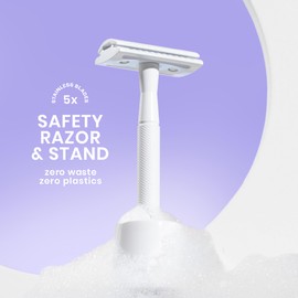 White Safety Razor Reusable Metal Shave Kit for Women & Men – Includes Stand + 5 Platinum-Coated Blades