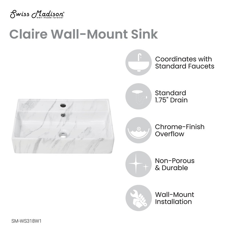 Claire 22” Rectangle Wall-Mount Bathroom Sink in White Marble