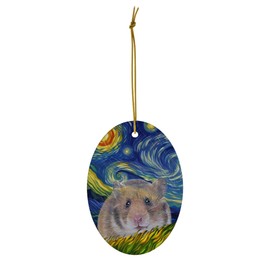 Whimsical Night Sky Golden Brown Hamster Christmas Ornament White Oval Ceramic - Impressionist Pet Portrait Memorial Keepsake Gifts for Hamster Lovers
