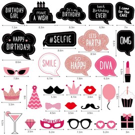 Birthday Photo Booth Props for Women or Girls,30pcs Rose Gold Glitter Funny Selfie Props for Bday Party Decoration Supplies