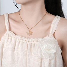 Dainty CZ Starfishes Pendant Necklace for Women 14K Gold Plated Stainless Steel Fashion Star Shell Pearl Ocean Sea Marine Life Charms Link Chain Adjustable Necklaces Holiday Beach Party Jewelry