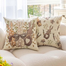 Miuyunya Set of 2 Easter Linen Pillow Cases 45 x 45 Cushion Covers for Easter Modern Spring Bunny Ear Floral Pattern Decorative Cushion Covers for Sofa Outdoor Cushions