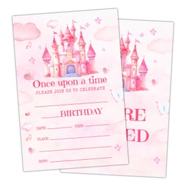 ltazhyi Princess Birthday Party Invitation Cards for Kids Girls, Pink Castle Birthday Celebration Party Invite Cards Supplies, 20 Double-Sided Fill In Invites With Envelopes -06