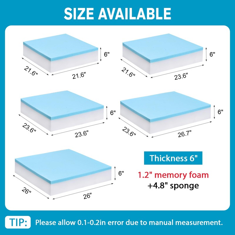 Upholstery Foam 26"x26" – 6“ Thick Couch Cushion Replacement, Cut