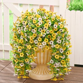 Dolicer 4 Packs Look Real Artificial Flowers for Outdoors, Fake Artificial Hanging Flowers for Outdoors UV Resistant Faux Hanging Plants Flowers Violet Vines for Porch Patio Garden (White+Yellow)