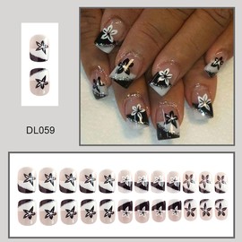 24Pcs Spring Press on Nails Short Square Fake Nails with Silver Glitter Line Design Black White Flower False Nails Full Cover French Tip Glue on Nails Artificial Acrylic Press ons for Women Manicure