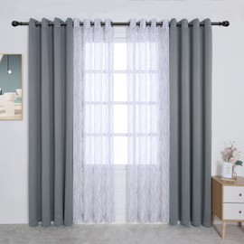BONZER Mix and Match Curtains - 2 Pieces Branch Print Sheer Curtains and 2 Pieces Blackout Curtains for Bedroom Living Room Grommet Window Drapes, 54x84 Inch/Panel, Light Grey, Set of 4 Panels
