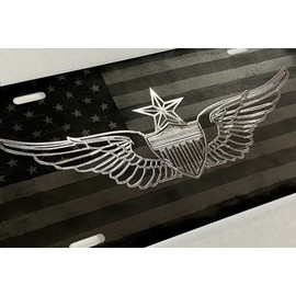Combo Laser US Flag & Diamond Etched Army Sr Aviator Wings Car Tag License Plate