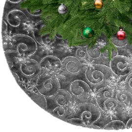 KONVINIT Grey Christmas Tree Skirt Plush Christmas Tree Blanket Faux Fur Christmas Tree Rug Round Christmas Tree Skirt Christmas Decoration with Silver Sequins Snowflake 78 cm / 90 cm / 122 cm