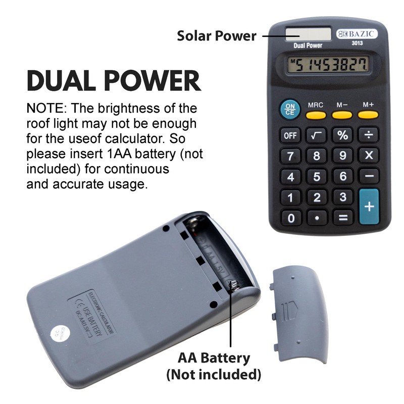 BAZIC Products 8 Digit Pocket Size Calculator, Dual Power Solar