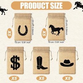 Vincreem 25 Pieces Western Horse Party Favor 6 x 10 Inch Horse Party Bags with Drawstring Reusable Burlap Pattern with Horseshoe, Horse, Cowboy Boots, Cowboy Hat Dollar Bags for Cowgirl Birthday Decor