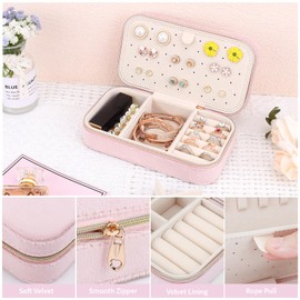 Jewellery Box Organiser, Mini Velvet Travel Jewelry Case with Zipper for Rings Earrings Necklace Bracelets, Small Portable Travel Jewellery Organiser Storage Case for Girls Women, Pink