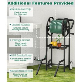 Artigarden Hose Reel Cart with 2 Wheels, Garden Water Hose Holder Heavy Duty Powder Coated Steel Outdoor Winder Storage Holds 125 ft 5/8" Hoses with Basket and 3.9ft Leader Hose for Backyard, Black