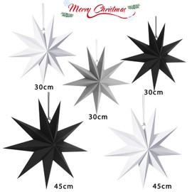 CZMAO Pack of 5 Paper Stars for Christmas Decoration, 9 Prongs 30 cm x 3 + 45 cm x 2 Christmas Paper Stars Paper for Window Decoration, Advent, Christmas Tree, Window Decoration