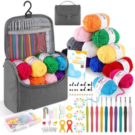 Crochet Kits for Beginners Adults Crochet Hooks Set 12Pcsx25g Crochet Yarns Include Ergonomic Metal Crochet Hooks 2-6.5mm Knitting Kit Accessories Tools Storage Case Crochet Starter Kit-Grey