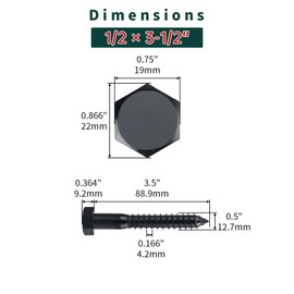 1/2 x 3-1/2" Black Hex Head Lag Screws Bolts (8 pcs), 304 Stainless Steel 18/8, Black Oxide Coated, Partial Thread, Deck Screws, Heavy Duty Hex Head Wood Lag Screws, Fayeploo