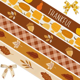 Threetols 6 Rolls 30 Yards Fall Ribbons, 3/8" Thanksgiving Grosgrain Ribbons Brown Check Ribbons Orange Pumpkin Pinecone Maple Harvest Gift Wrapping Ribbons for Autumn Party Supply