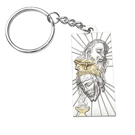 The Holy Trinity Father Son and Holy Spirit Two Tone Cold Rolled Steel Pendant with Raised Image of The Holy Trinity on a Key Chain with Lobster Clasp Includes a Blessed Prayer Card
