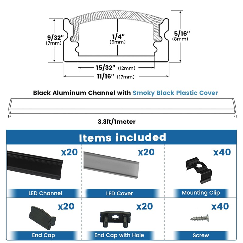 Muzata 20Pack 3.3FT/1M LED Channel Black Aluminum U Shape LED