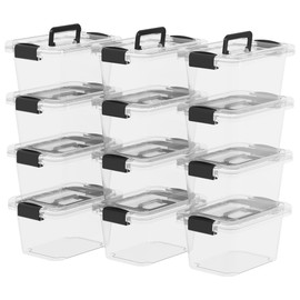 Cetomo Lidded Storage Bin, Tote Organizing Container with Handle and Buckles, Stackable, Plastic, Clear, 6.8Qt, Pack of 12