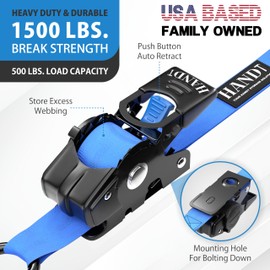 HandT USA Based Retractable Ratchet Straps (2PK) 1in x 6ft - 1,500lb Break Strength, Heavy Duty Automatic Ratchet Straps Self Retractable Tie Down, Push Button Retracting Truck Trailer Cargo | Blue