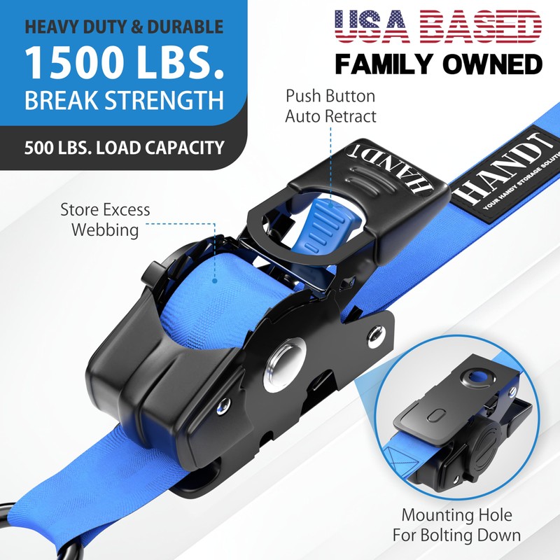 HandT USA Based Retractable Ratchet Straps (2PK) 1in x 6ft