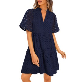 PRETTYGARDEN Women's Short Sleeve Mini Dress 2025 Summer V Neck Hollow Out Eyelet Ruffle A Line Swing Short Dresses (Navy,Large)