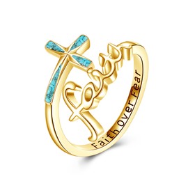 URONE Faith Cross Rings Adjustable Sterling Silver Turquoise Faith Over Fear Cross Rings Christian Religious Jewelry Gifts For Women Men Gold